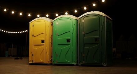 Portable toilets lit at an evening event
